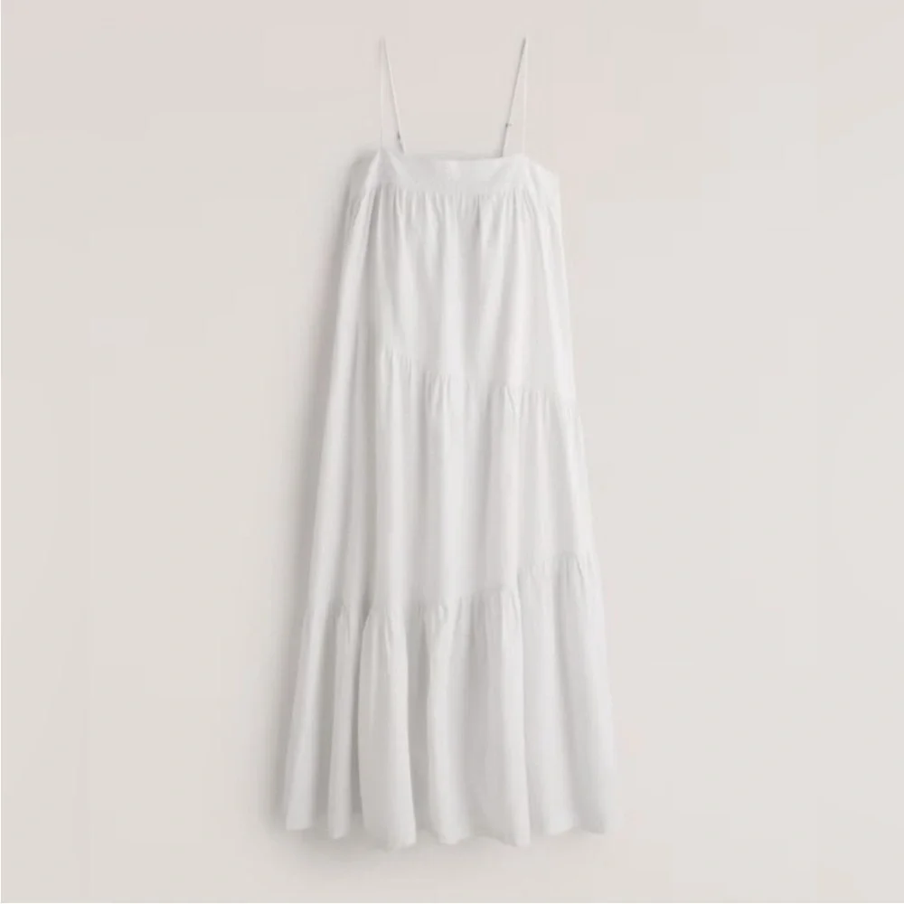 Abercrombie & Fitch Linen Blend Asymmetric Tiered Maxi Dress Adjustable Straps
